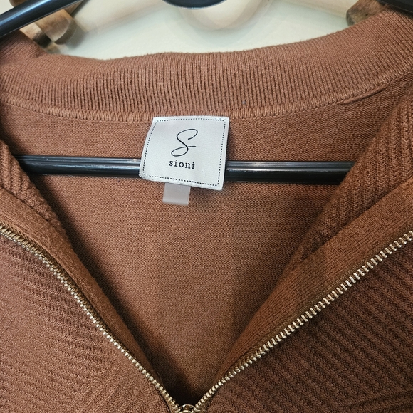 Sioni Brown Quarter-Zip Pullover Sweater Women’s Large Gold Zipper V-Neck Fall - Picture 2 of 5